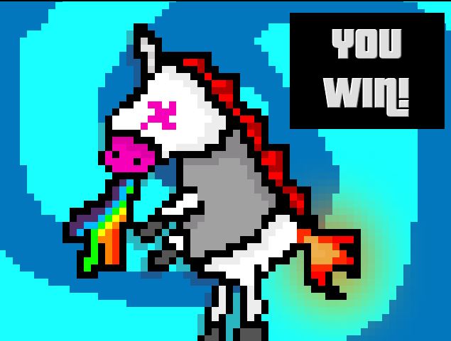 The win screen. Pixel art of a cartoon unicorn vomiting a rainbow in front of a blue spiral background. Text says 'You Win.'